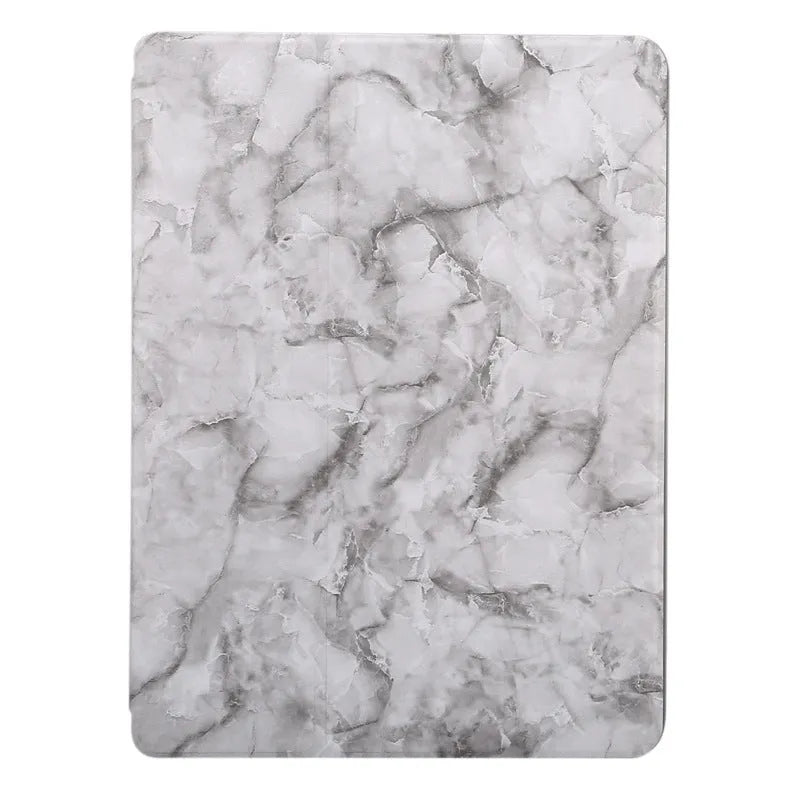 Tri-fold imitation leather iPad case with marbling pattern and integrated Apple Pencil slot.