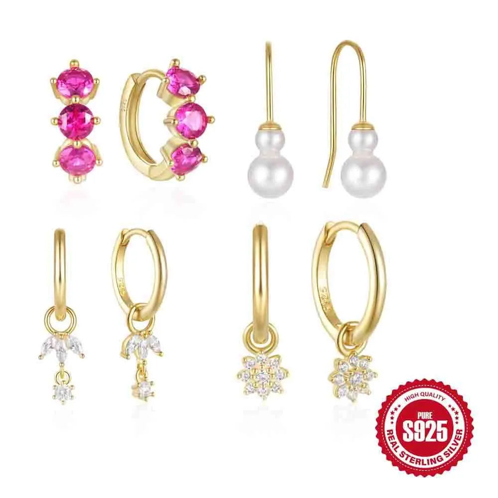 Geometric sunflower earrings in S925 sterling silver with golden three-diamond zircon stones