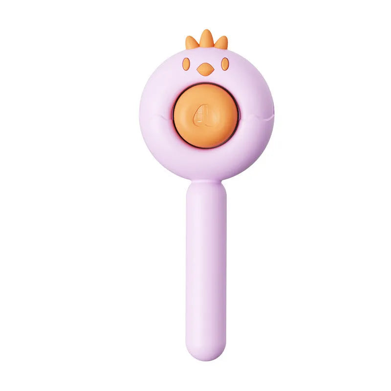 Purple pet grooming brush with stainless steel bristles and self-cleaning button