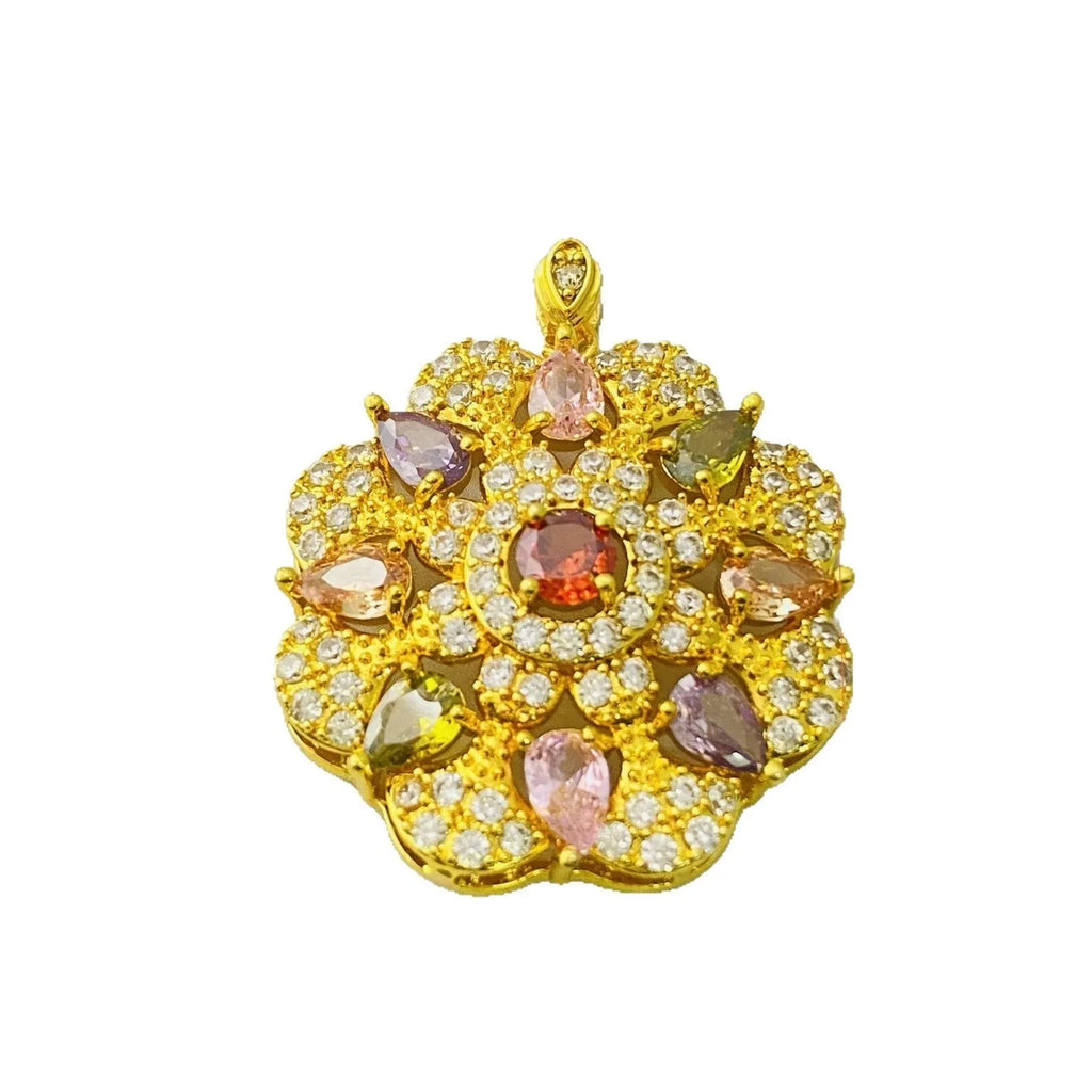 Women's colourful zircon flower pendant necklace with electroplated metal finish