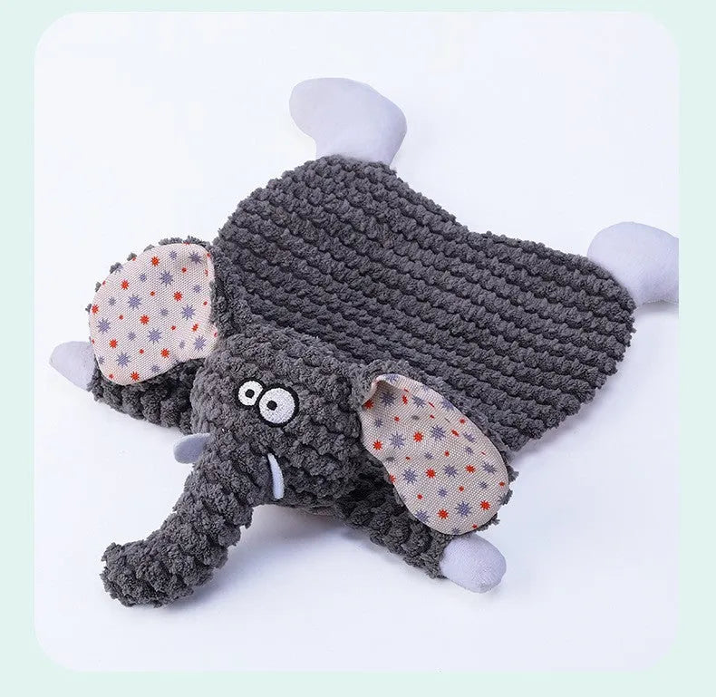 Brown velvet pet toy with fox and elephant designs containing sound paper for dogs and cats