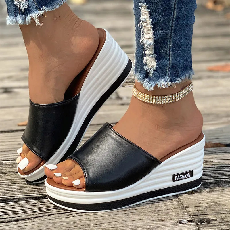 Women's fish mouth wedges sandals with hollow design high heel, PU upper, rubber sole, in black/white