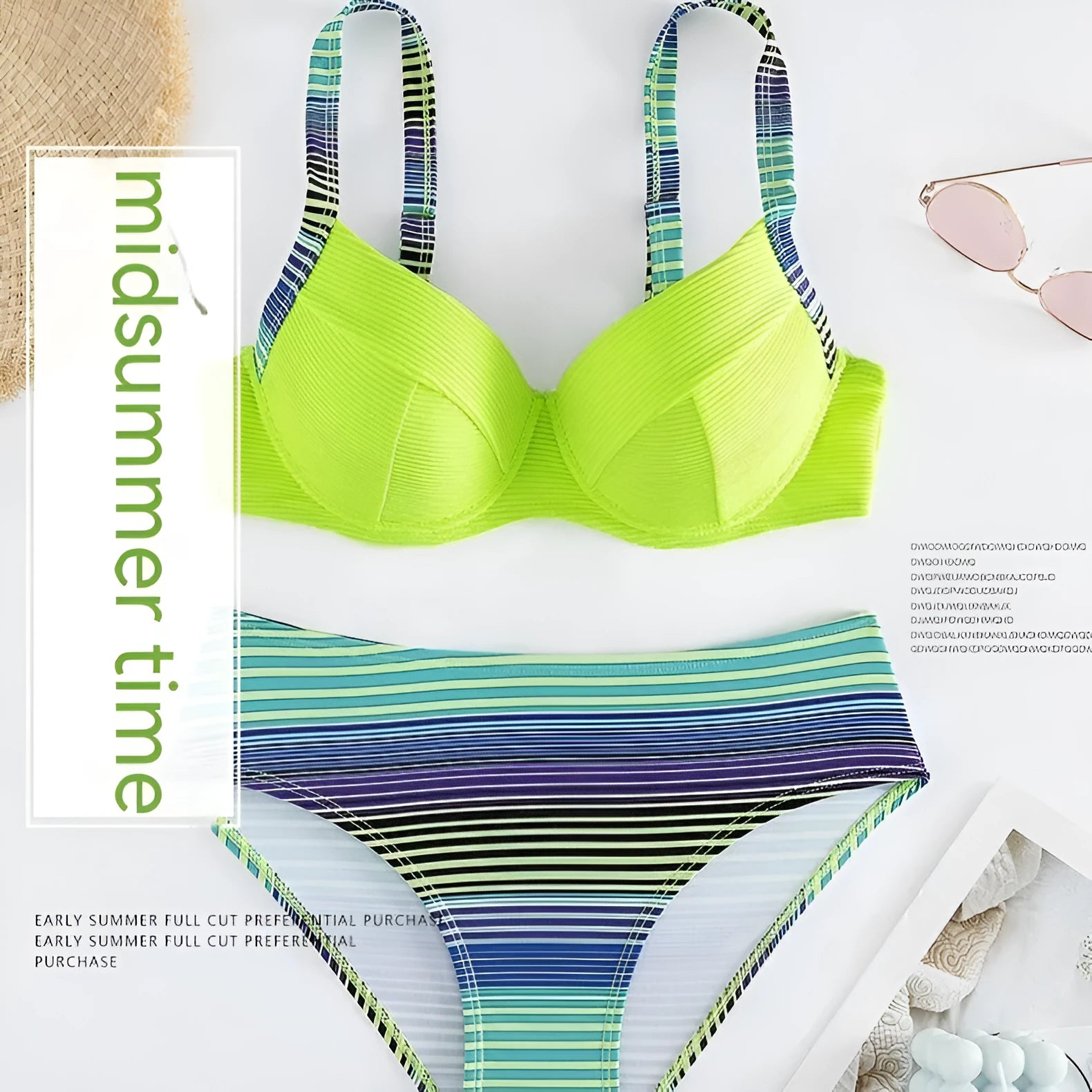 Green printed halter bikini set for women with sleeveless top and split briefs