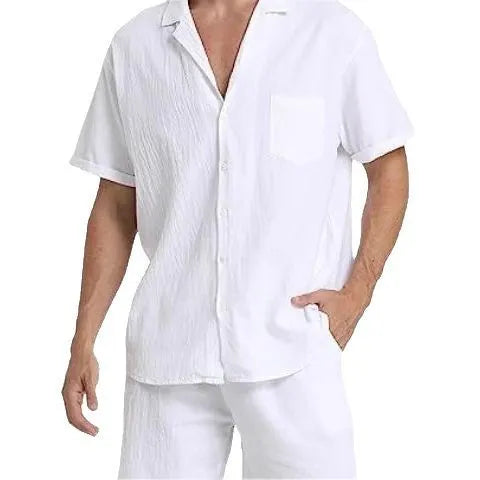 Men's flax summer sports shorts suit with short-sleeved top and matching athletic shorts
