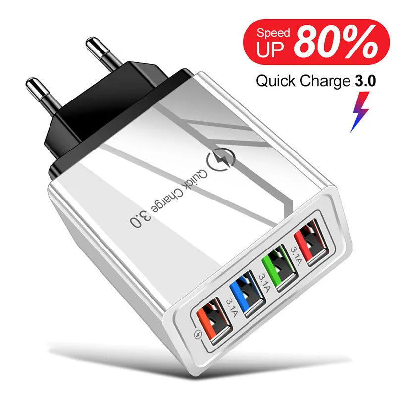 Multi-port USB charging head with four ports, PC+ABS housing in black, white, and blue options