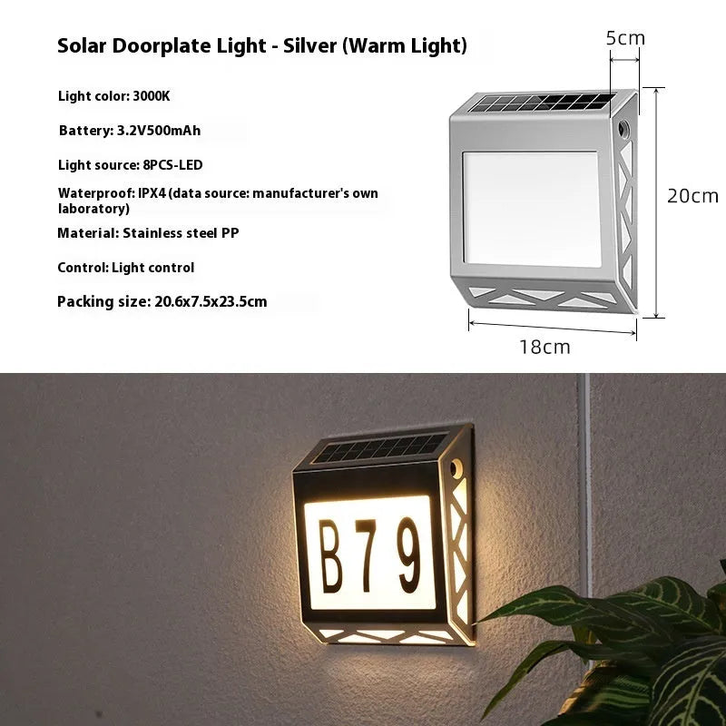 Black solar-powered metal doorplate light with LED house numbers and digital clock display