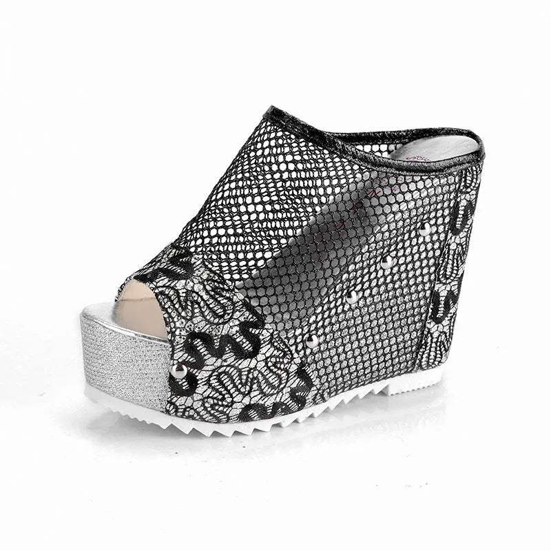 Korean platform sandals with hollowed-out heels, mesh upper, and chunky waterproof soles in black colour