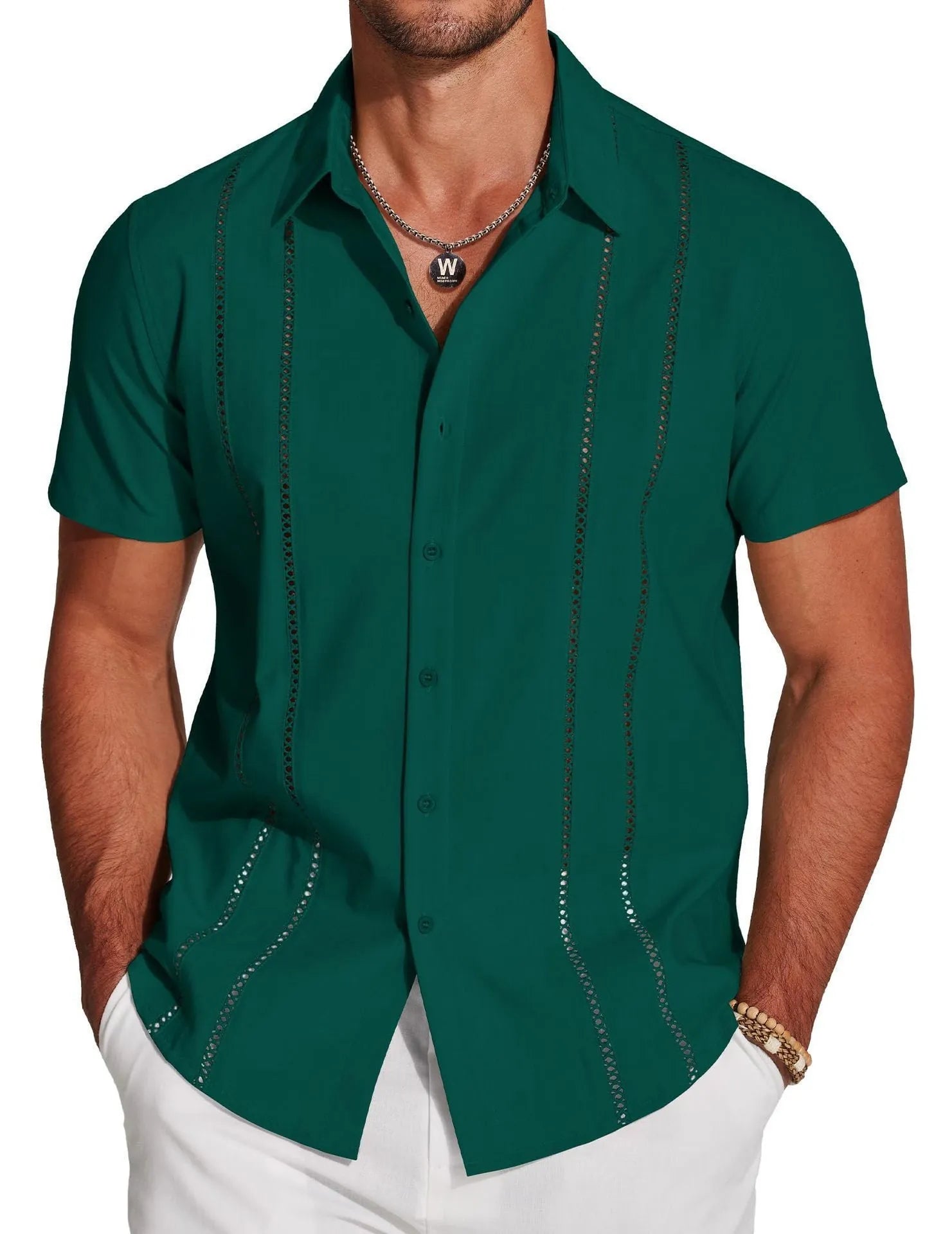 Men's slim fit Hawaiian shirt with colourful digital print pattern on polyester fabric.