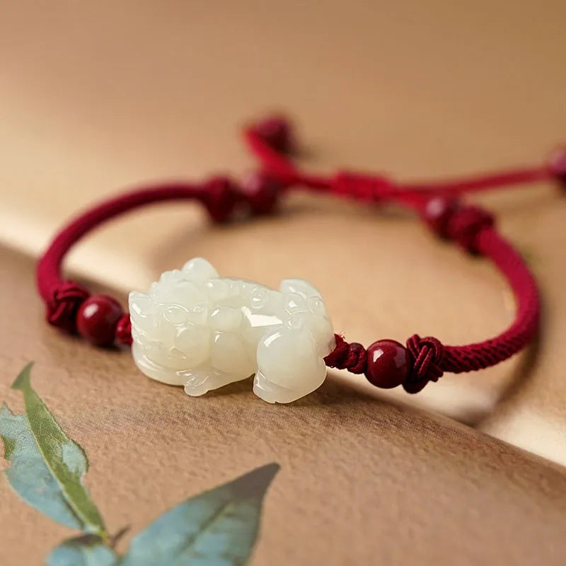 Hetian jade bracelet with black and red braided ropes traditional Chinese jewellery