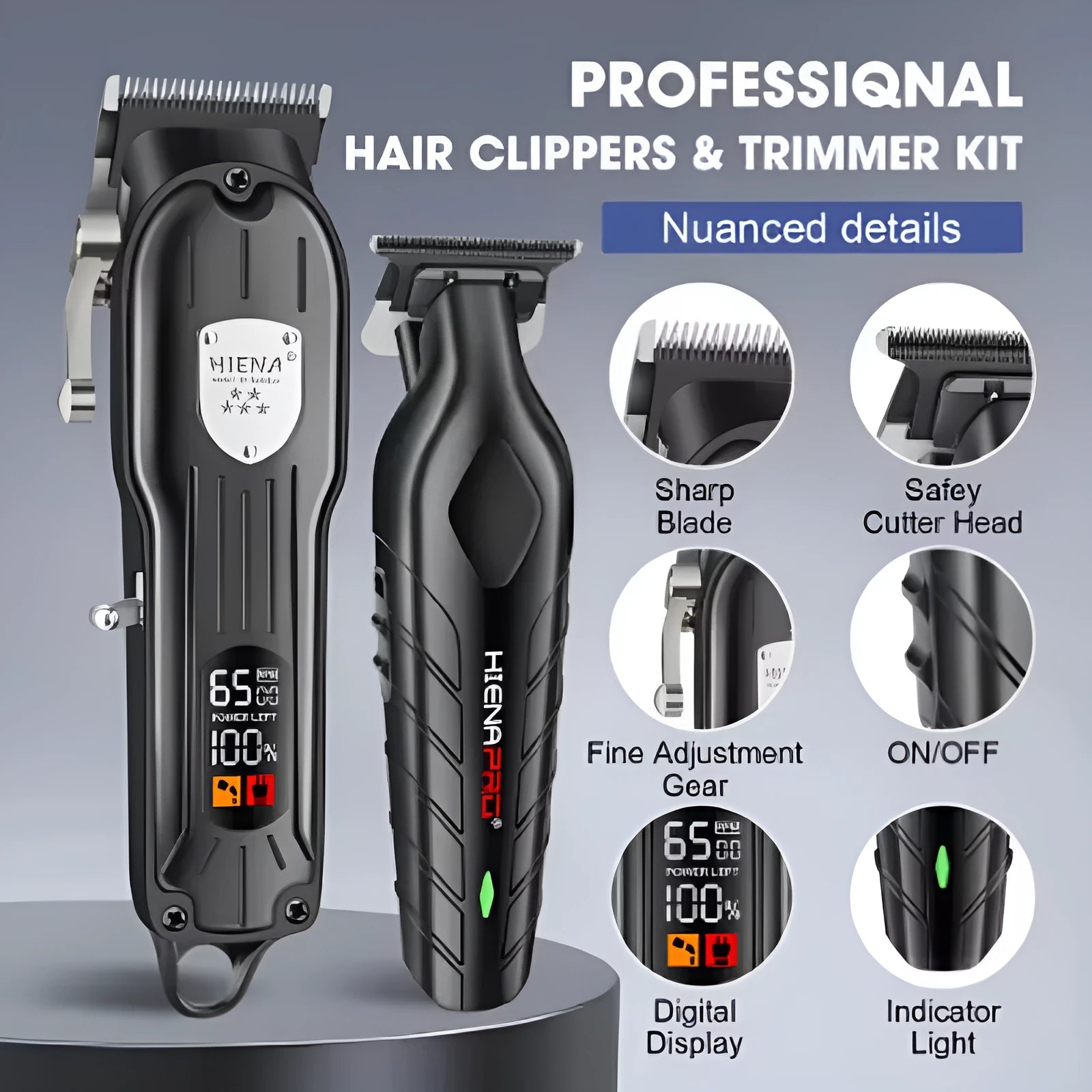 Black professional hair clipper set with USB charging port and adjustable length settings