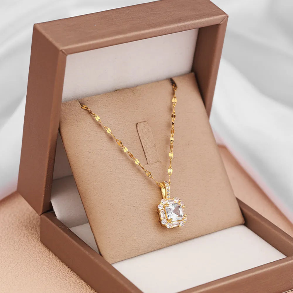 Women's geometric zircon inlaid titanium steel clavicle chain necklace in gold colour