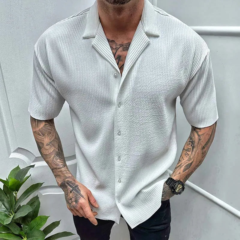 Men's cardigan solid colour short sleeve shirt in cotton blend, available in black