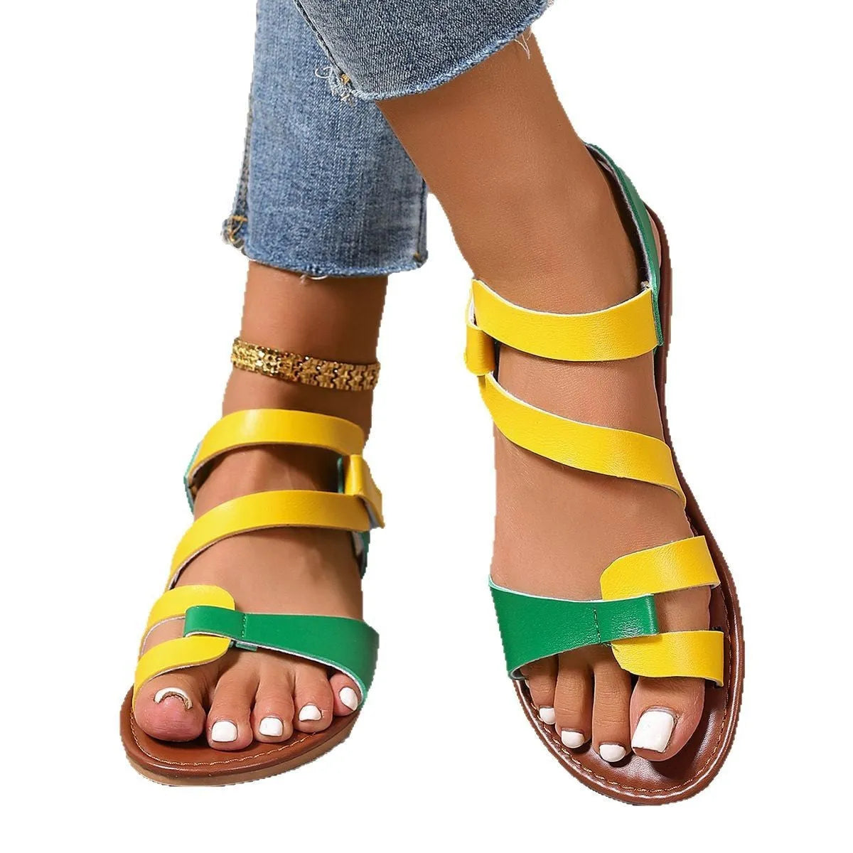 Women's black flat sandals with adjustable Velcro straps and round toe design
