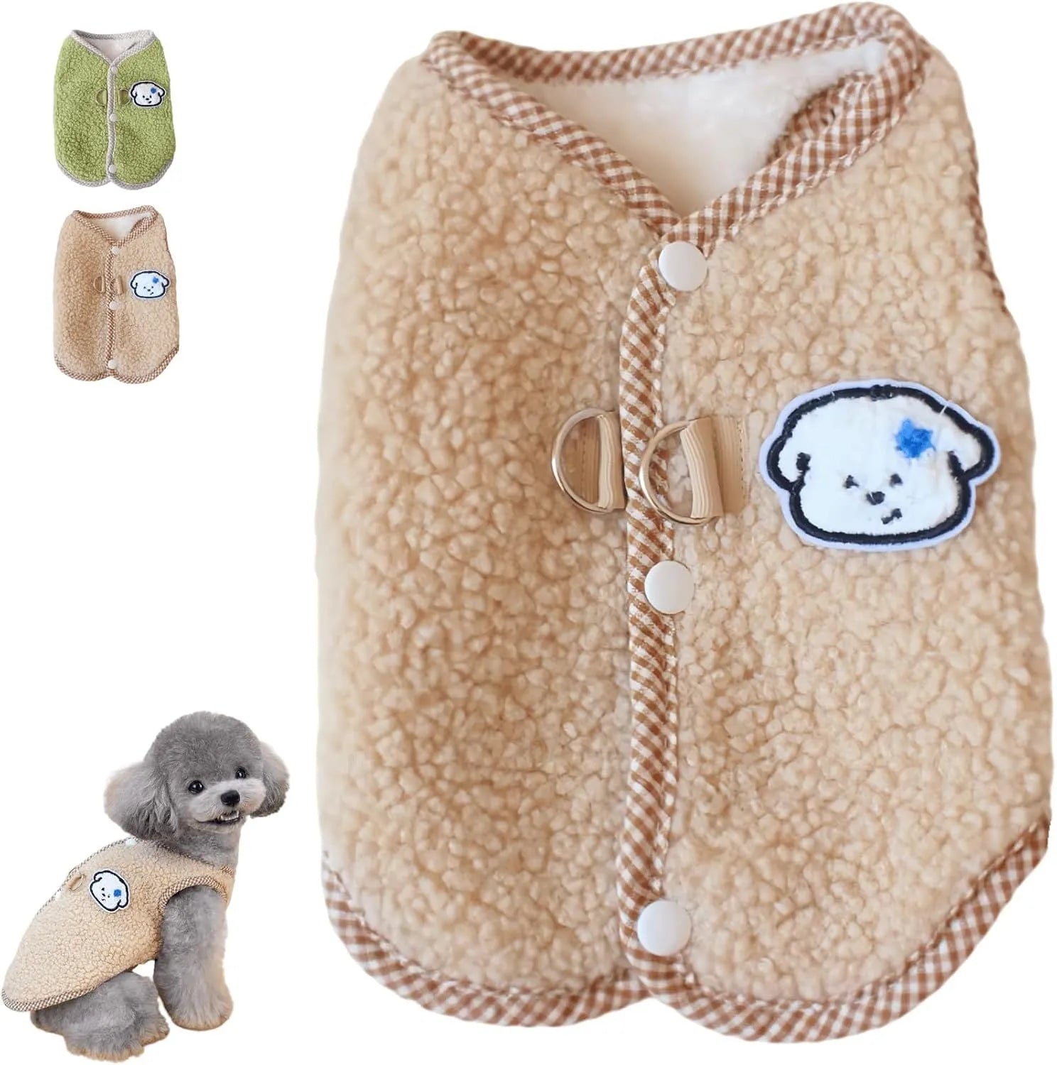 Coral fleece dog sweatshirt vest with leash ring in green colour for small pets
