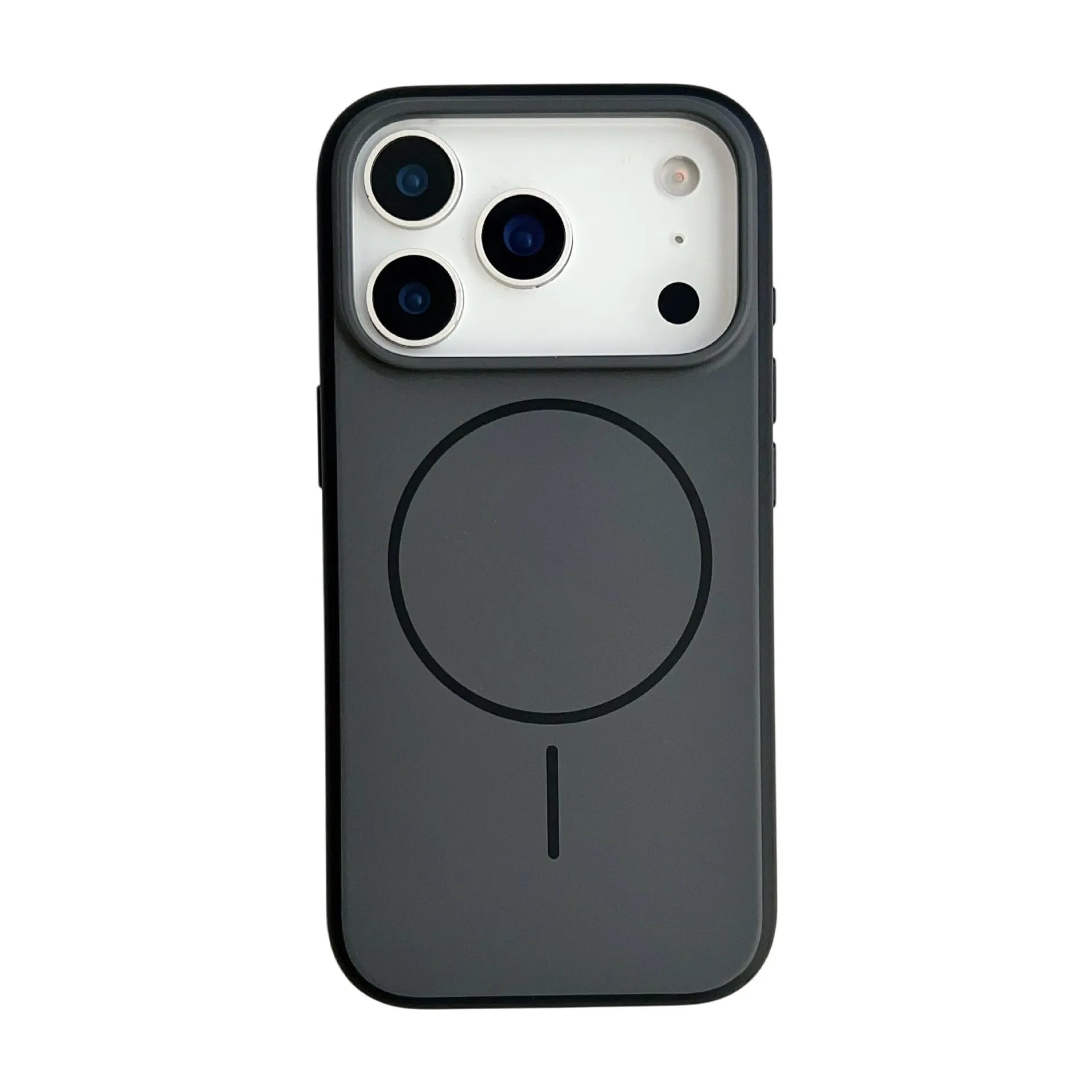 Frosted magnetic phone case for iPhone with a contrasting coloured AI photography button on the side.