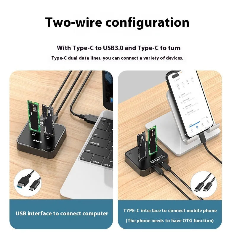 MAIWO K3016 M.2 solid state hard drive dock and copier unit with data cables and UK plug power adapter.