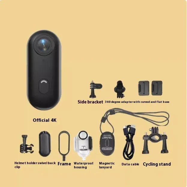 H88 thumb-sized 4K mini sports camera with magnetic mount and waterproof case on a black background
