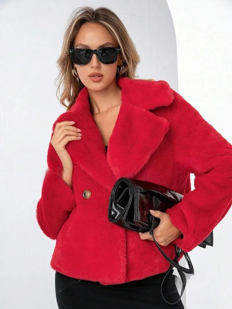 Women's faux fur coat in rose red with regular sleeves and loose fit