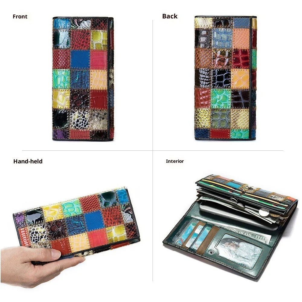 Women's genuine leather mid-length wallet with geometric stitching pattern, colour splicing, cowhide construction, street trend style