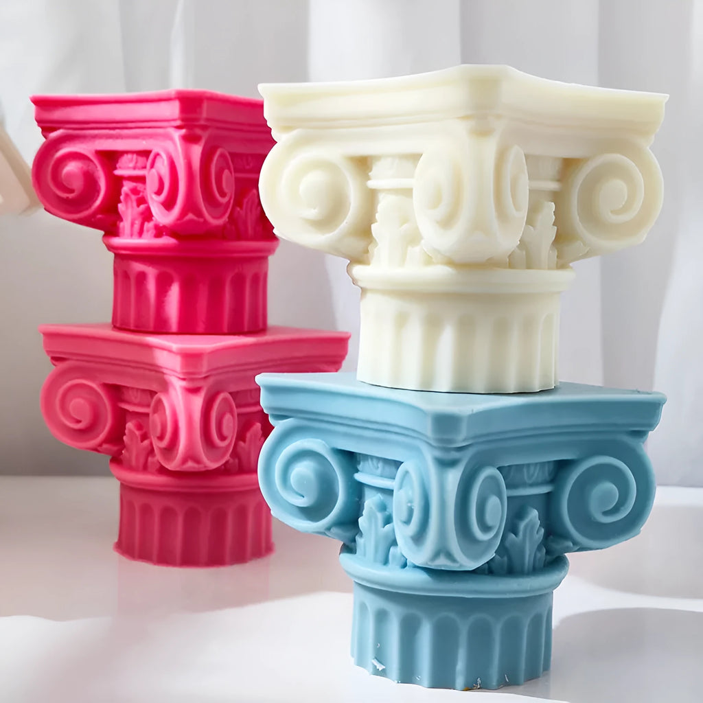 A flexible silicone mould for making irregular Roman pillar shaped candles, cakes, and crafts.