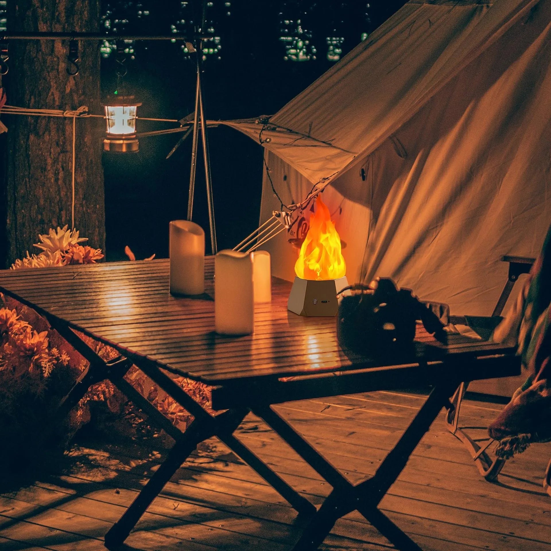 Solar-powered flame-shaped decorative light with charging base for outdoor camping and courtyard illumination