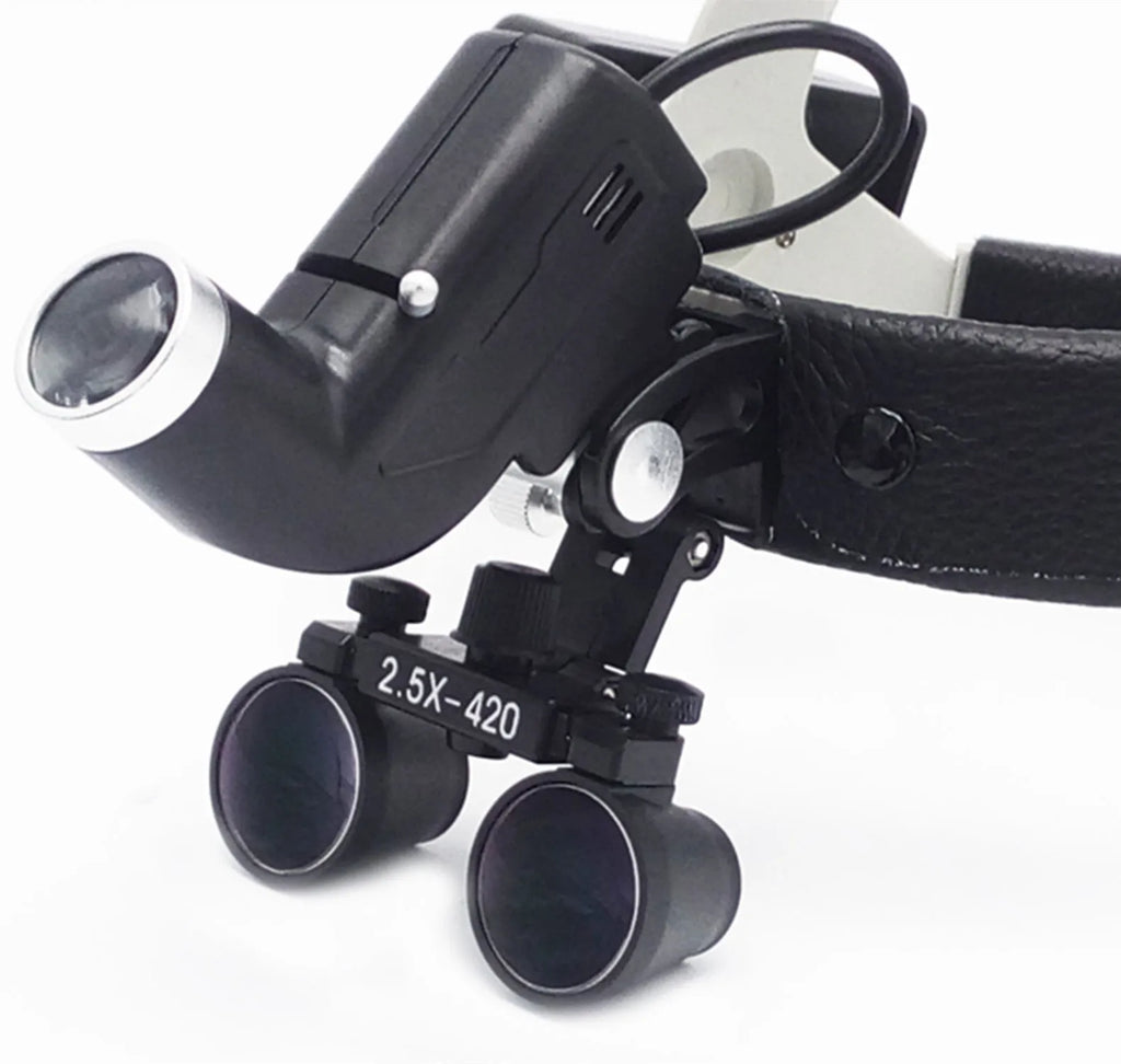 Head-mounted medical magnifying lens with LED spotlight, adjustable brightness, 2.5x magnification, black plastic plexiglass