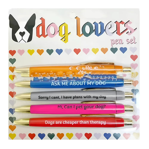 Set of five automatic push-button pens with a beaded fabric storage bag