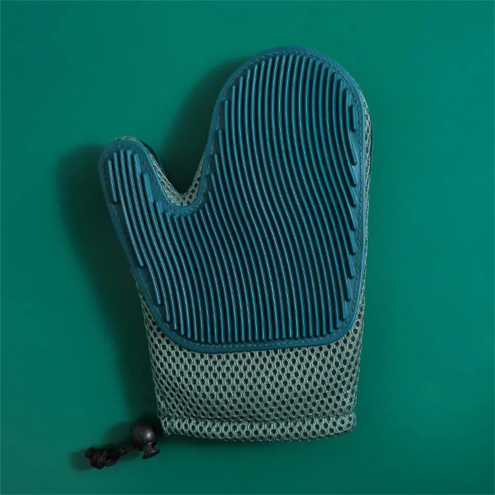 Pet hair removal grooming mitt for cats and dogs showing mesh texture and TPR construction
