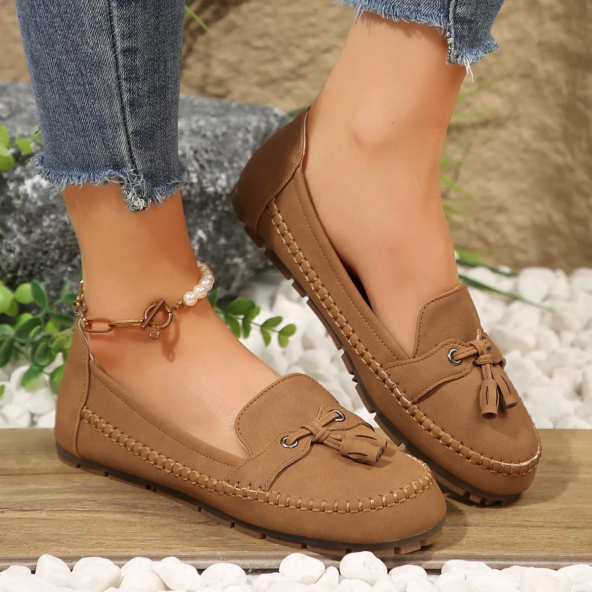 Women's round head loafers non-slip flats low heel artificial PU TPR sole available in multiple colours