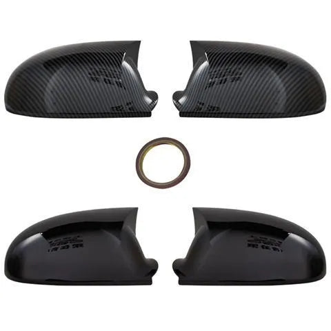 Pair of horn bright black plastic mirror housings for Volkswagen Sagitar with carbon fibre accents.