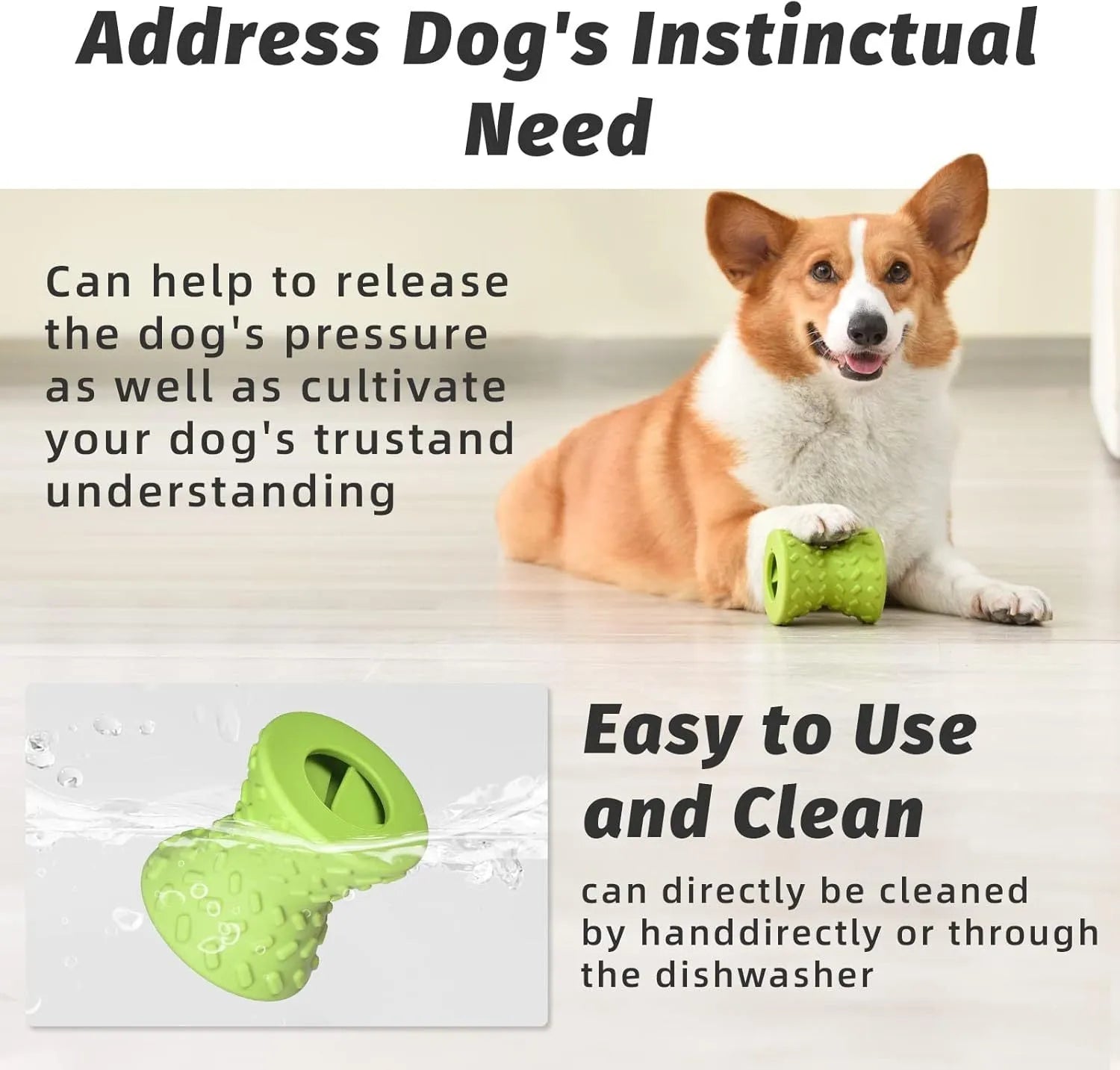 Interactive treat dispensing dog toy in blue, green or purple with hollow centre and food leakage holes