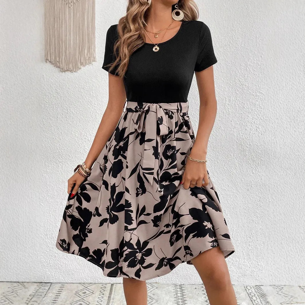 Women's khaki A-line casual dress with floral printing and lace-up front detail.