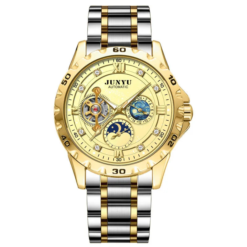 Men's automatic mechanical waterproof watch in rose gold, silver, or gold case with black starry sky, blue, or gold dial