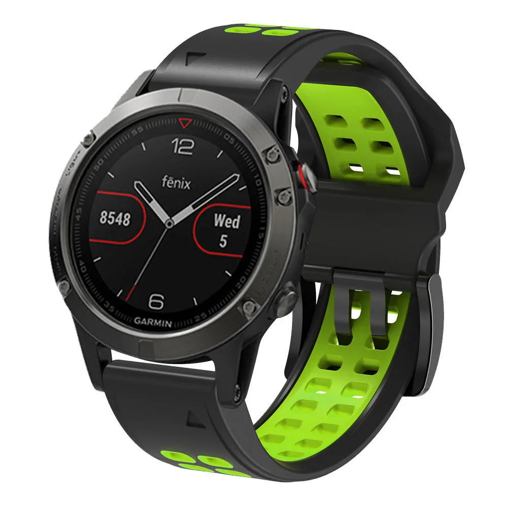 Quick release two-tone silicone watch strap shown in Army Green Black colour with pin buckle.