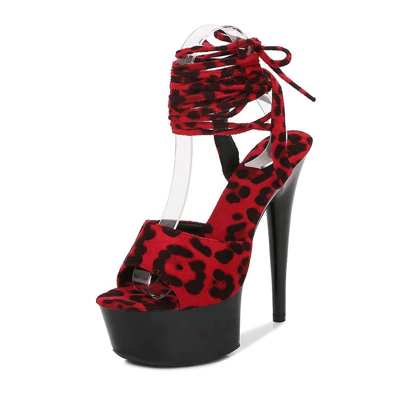 Stiletto heel leopard print high heels with platform, fish mouth toe, and ankle bandage cloth