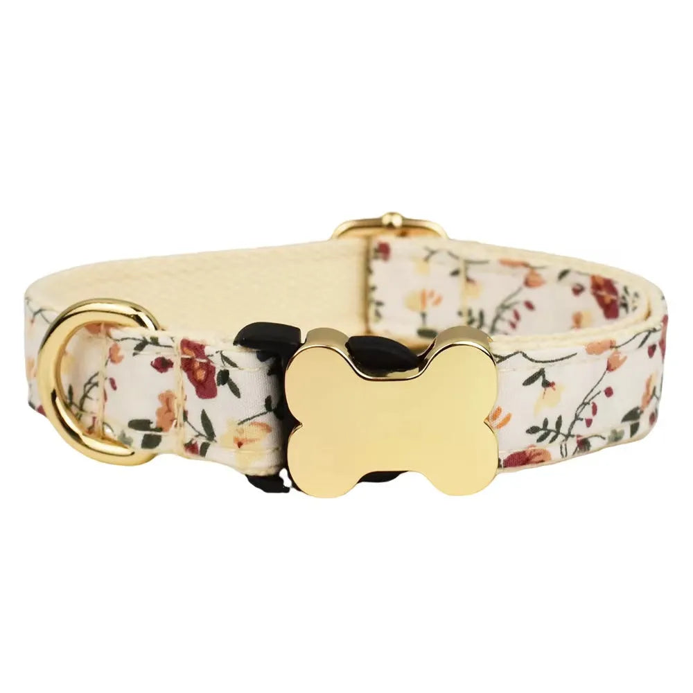 Flat nylon dog collar with printed grid pattern and bone buckle in assorted colours