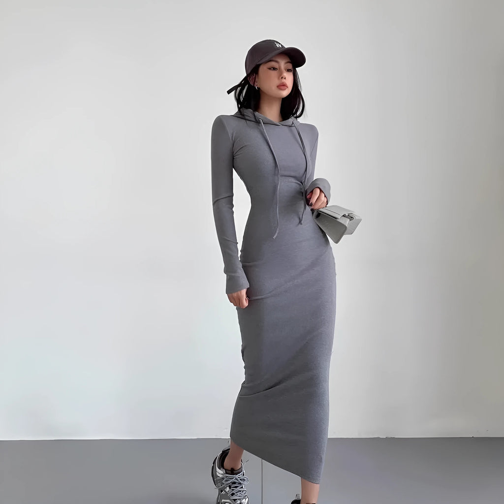 Women's hooded long sleeve sheath dress in polyester fabric with over-the-knee length