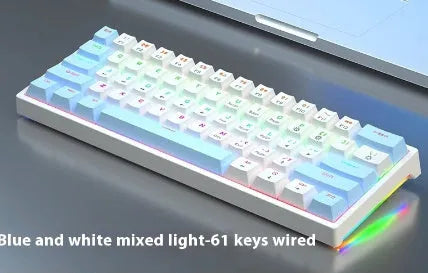 61-key mechanical keyboard with blue and white colour scheme and compact design