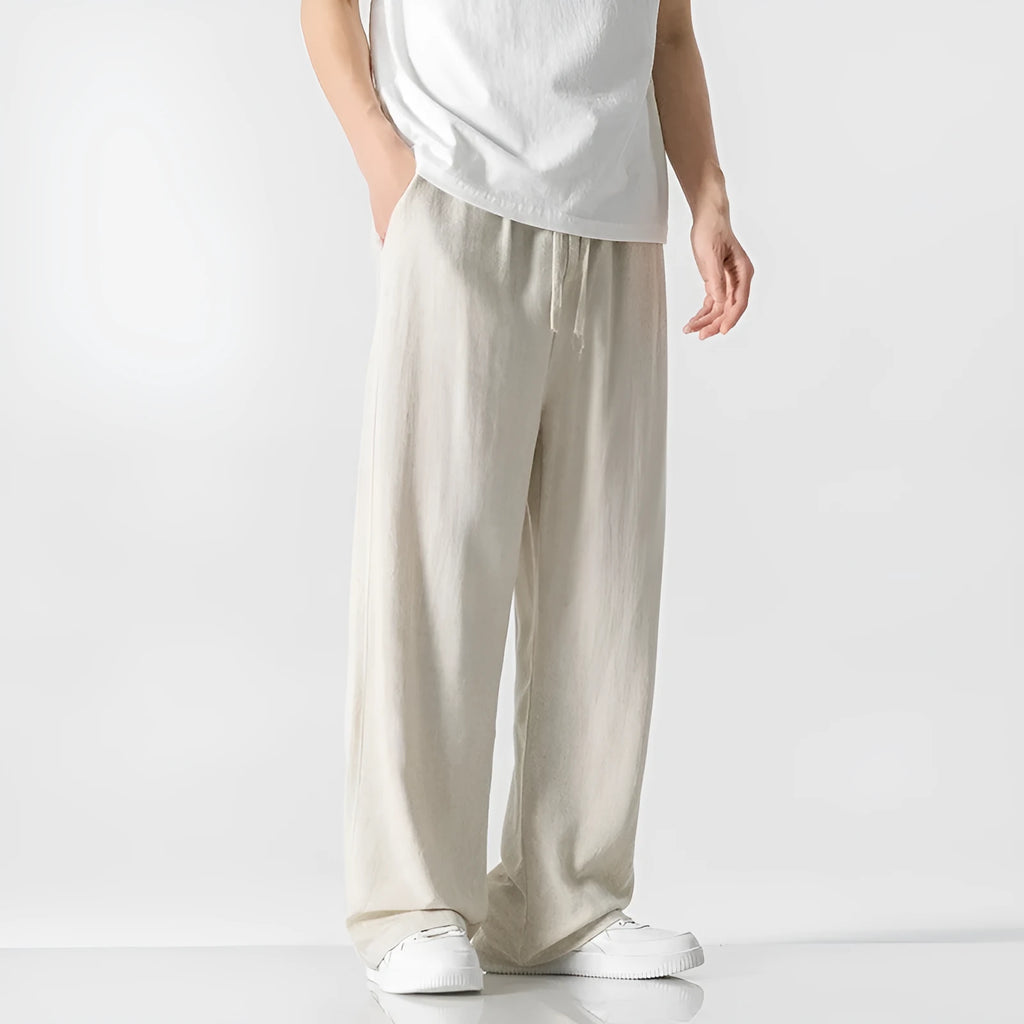 Men's bamboo fibre linen trousers in loose straight-leg cut with cropped length and drawstring waist