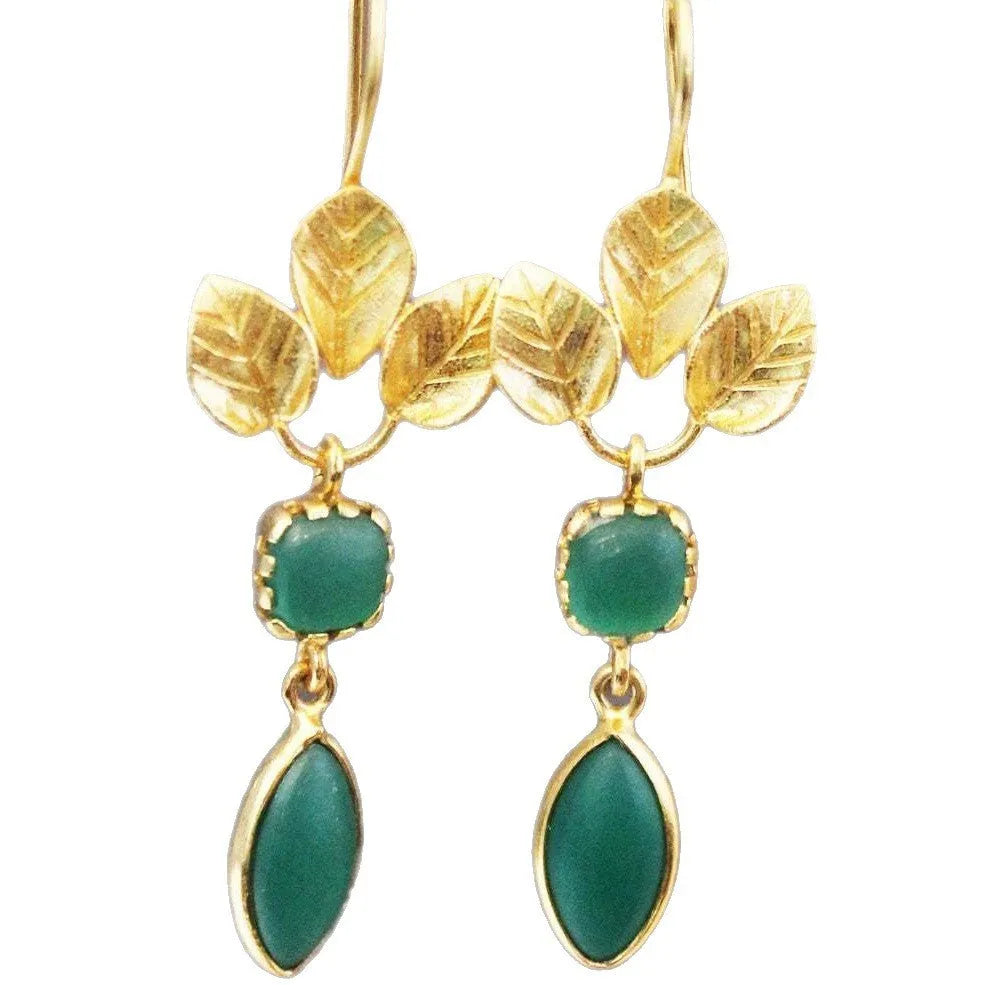 Gold-colour copper earrings with French leaves tassel design and water drop zircon elements