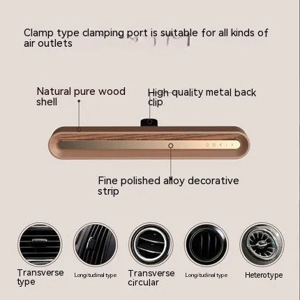 Solid long strip car aromatherapy ornament clipped to a car air vent, in walnut wood finish.