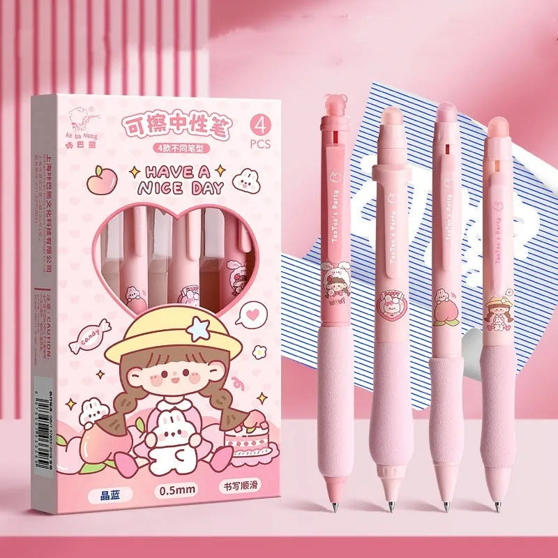 Cartoon-themed erasable gel pen with 0.5mm tip showing character designs and black or blue ink options