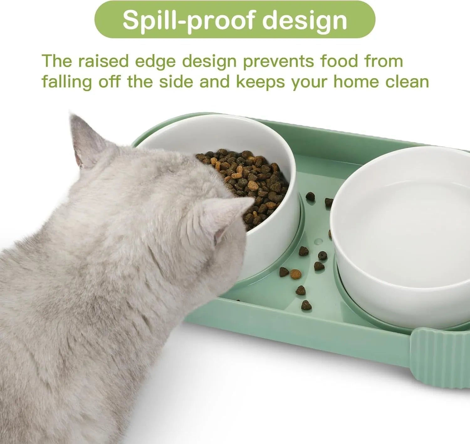 Green ceramic raised cat bowls on a tilted stand for anti-vomiting feeding