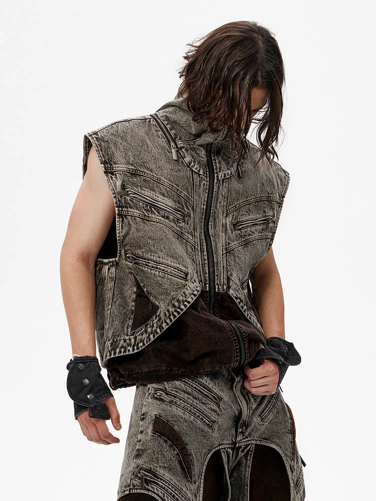 Men's splicing denim sleeveless vest with front zipper in summer casual style