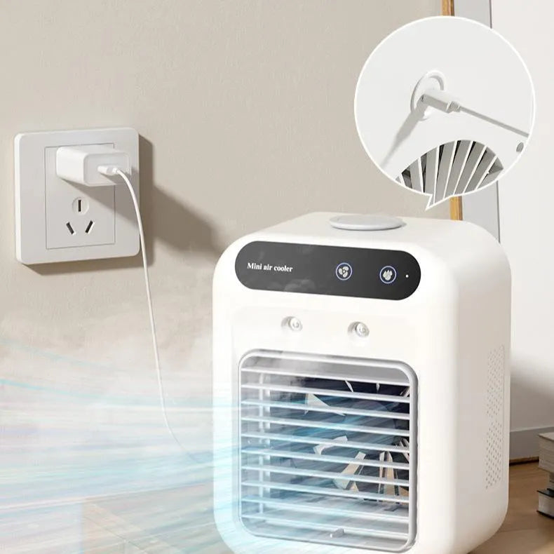 Ivory white portable air cooler with water cooling and atomization, USB powered, touchscreen control, 25W