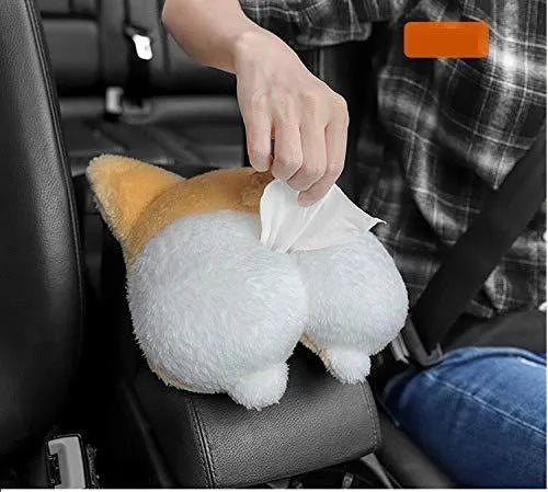 Yellow soft plush corgi butt shaped tissue box cover with elastic strap for car or home.