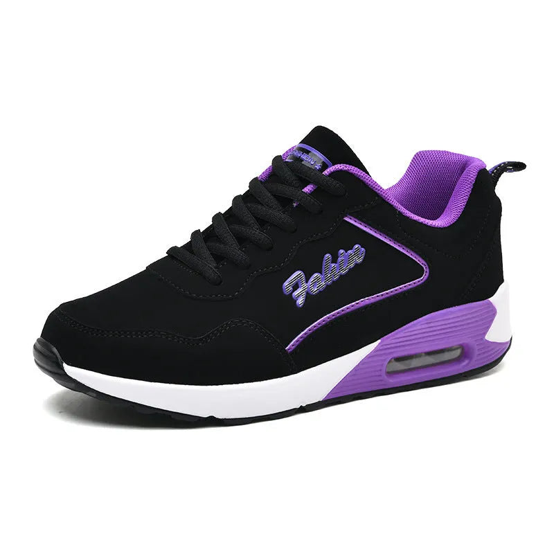 Women's spring leather plus size air cushion sports shoes in Wo 1909 black and white, low top lace up style