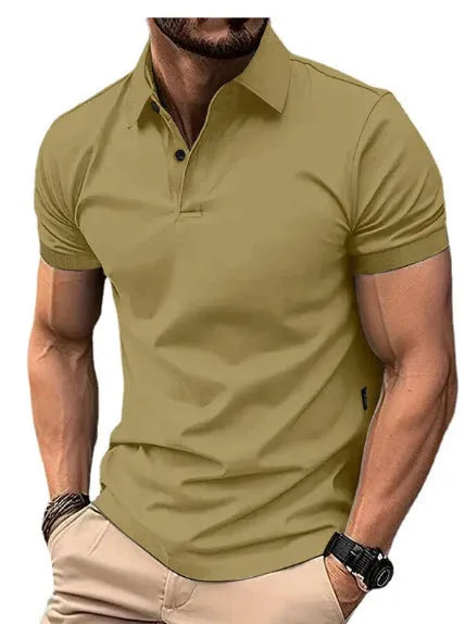 Men's slim fit button-front short sleeve casual shirt in a solid colour on a hanger.