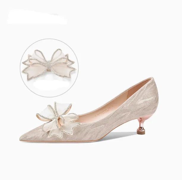 Champagne gold crystal sequined stiletto heel pumps with pointed toe for wedding banquets
