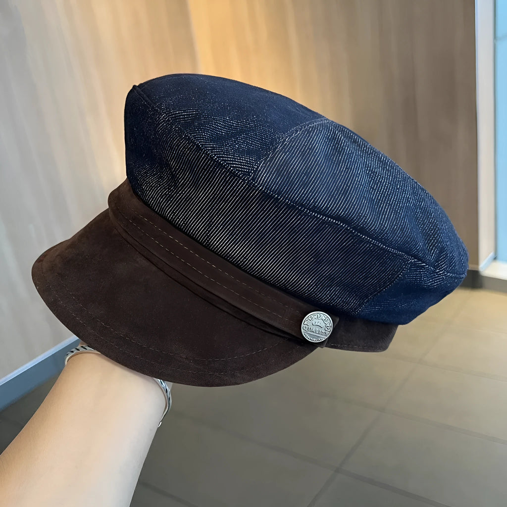 Dark blue denim octagonal newsboy hat with adjustable 54-58cm sizing and colour accent brim options